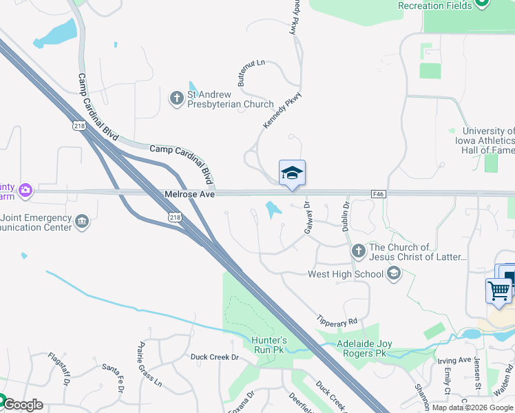map of restaurants, bars, coffee shops, grocery stores, and more near 86 Donegal Place in Iowa City