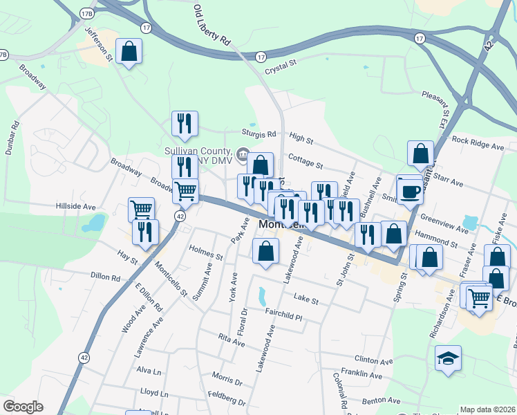 map of restaurants, bars, coffee shops, grocery stores, and more near 506 Broadway in Monticello