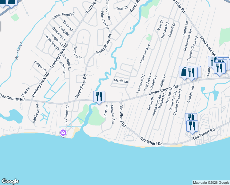 map of restaurants, bars, coffee shops, grocery stores, and more near 40 Lower County Road in Dennis