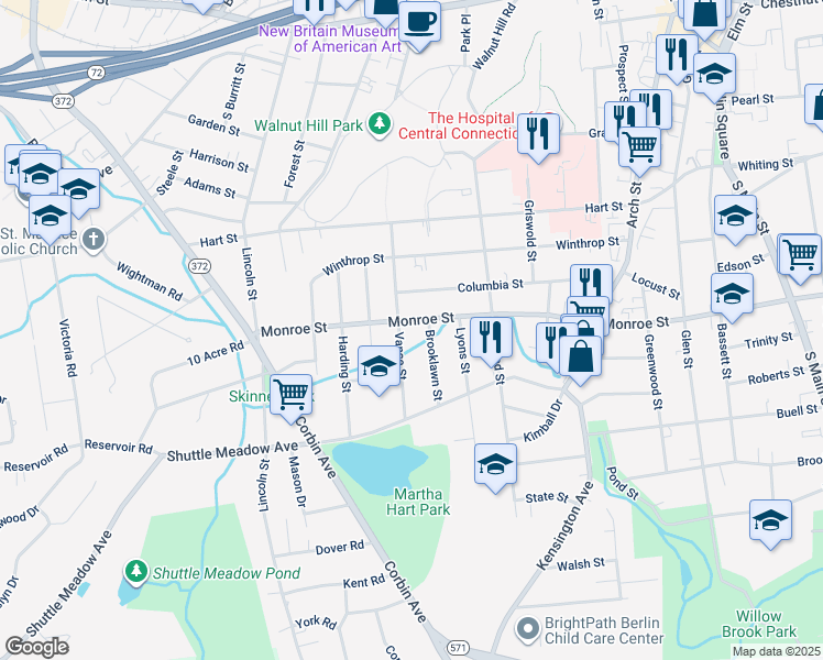 map of restaurants, bars, coffee shops, grocery stores, and more near 292 Monroe Street in New Britain