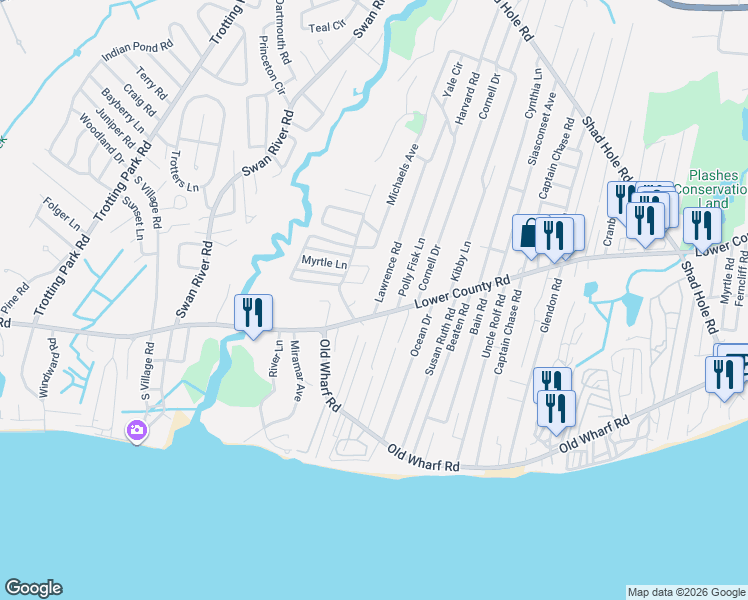 map of restaurants, bars, coffee shops, grocery stores, and more near 7 Lawrence Road in Dennis