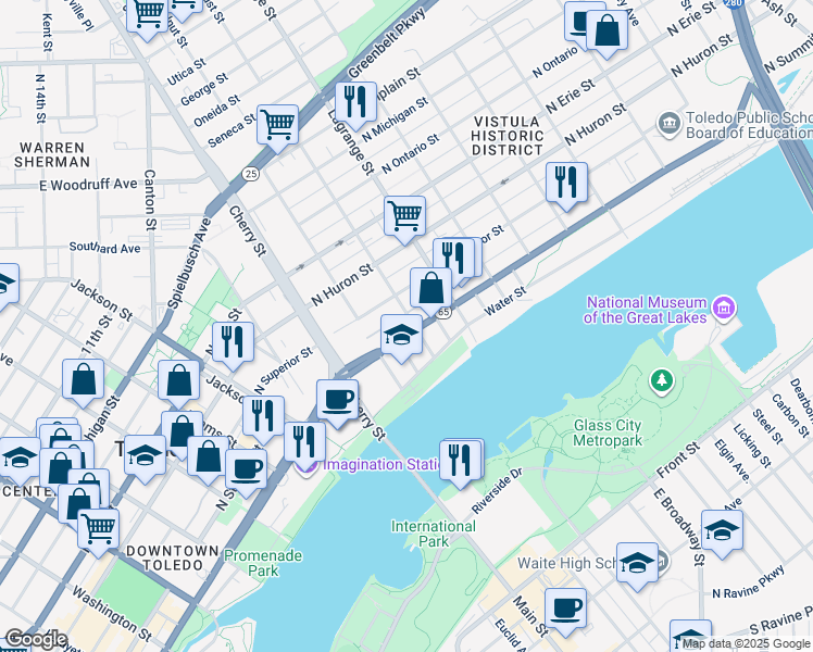 map of restaurants, bars, coffee shops, grocery stores, and more near 301-305 Locust St in Toledo