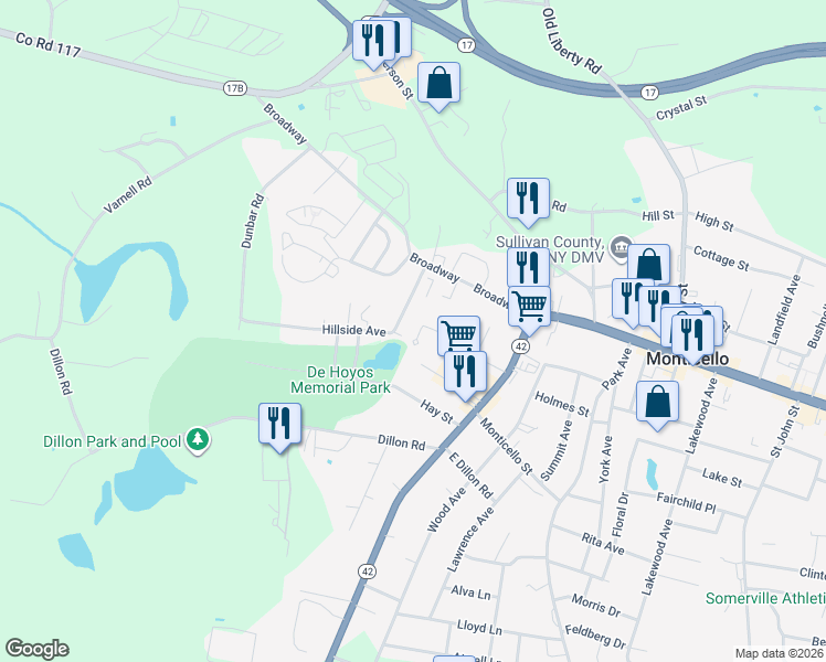 map of restaurants, bars, coffee shops, grocery stores, and more near 31 Hillside Avenue in Monticello