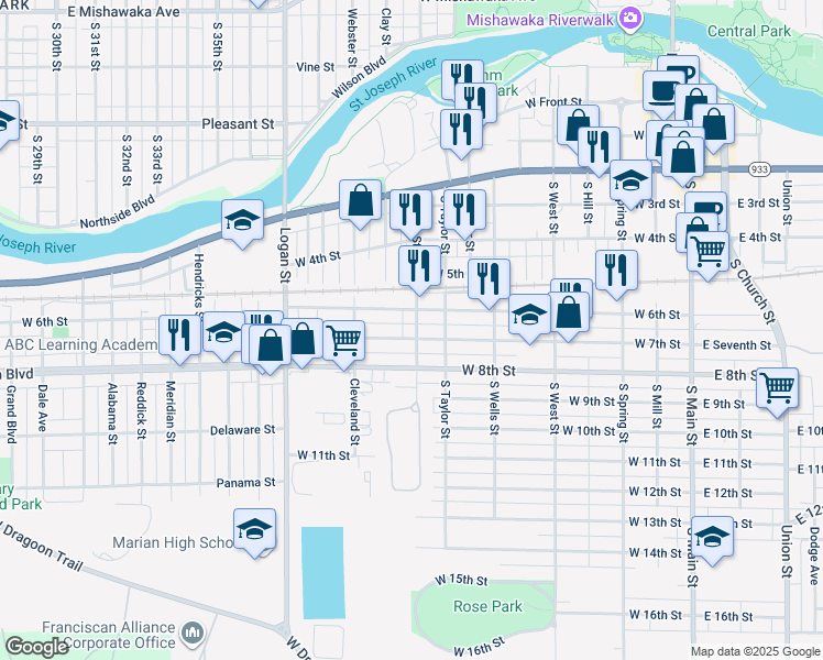 map of restaurants, bars, coffee shops, grocery stores, and more near 519 Smith Street in Mishawaka