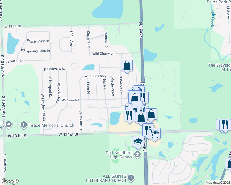 map of restaurants, bars, coffee shops, grocery stores, and more near 12857 Circle Parkway in Palos Park