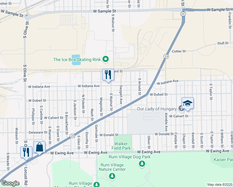 map of restaurants, bars, coffee shops, grocery stores, and more near 1411 West Dubail Street in South Bend