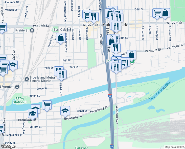 map of restaurants, bars, coffee shops, grocery stores, and more near 13033 South Wood Street in Blue Island