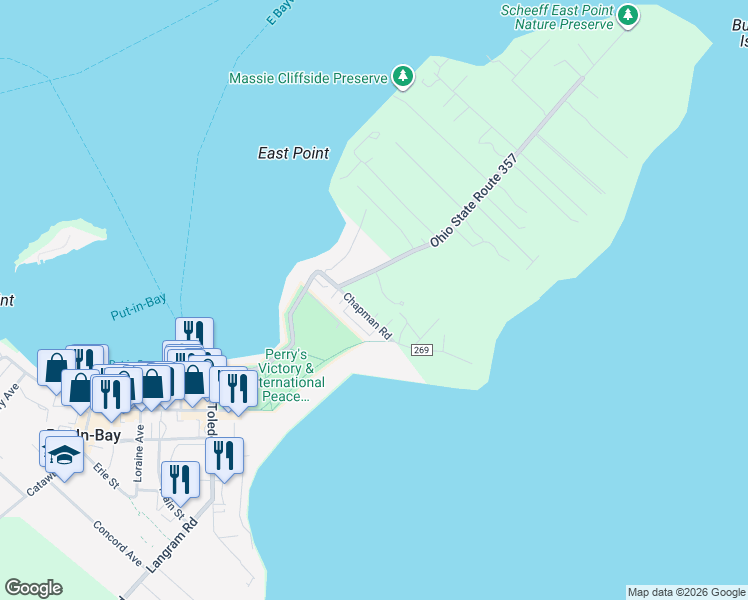 map of restaurants, bars, coffee shops, grocery stores, and more near 45 Chapman Road in Put-in-Bay