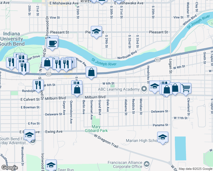map of restaurants, bars, coffee shops, grocery stores, and more near 2111 West 6th Street in Mishawaka
