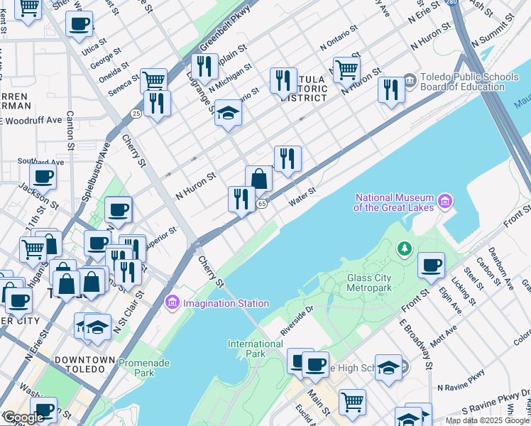 map of restaurants, bars, coffee shops, grocery stores, and more near 214 Pine Street in Perrysburg