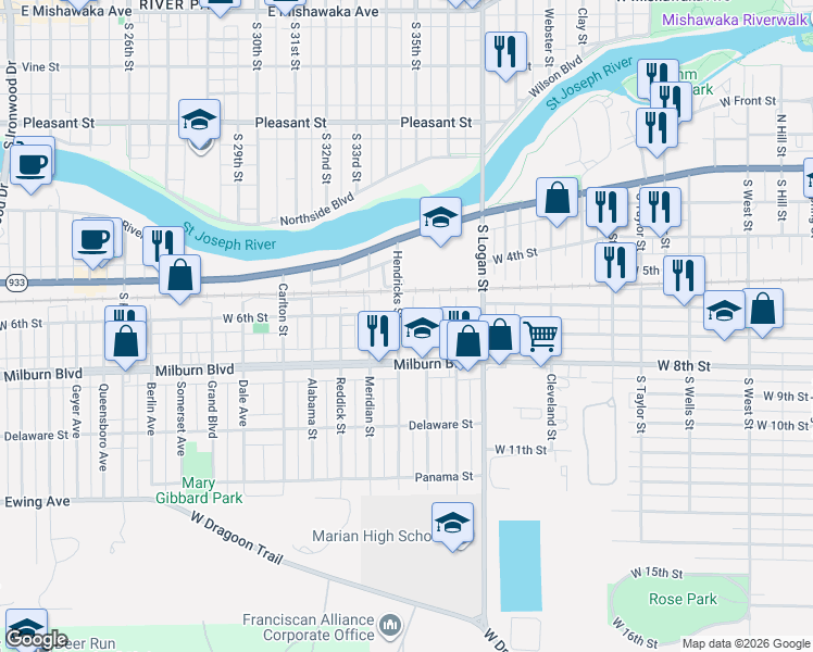 map of restaurants, bars, coffee shops, grocery stores, and more near 509 Jackson Street in Mishawaka