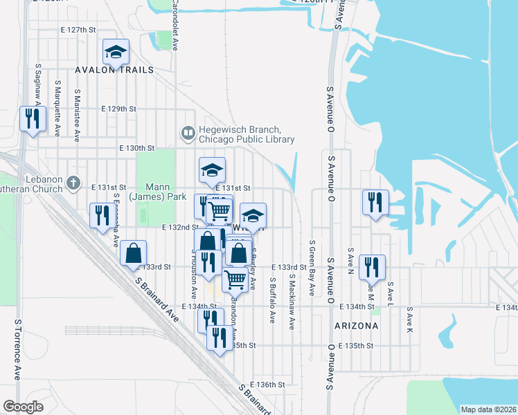 map of restaurants, bars, coffee shops, grocery stores, and more near 13129 South Burley Avenue in Chicago