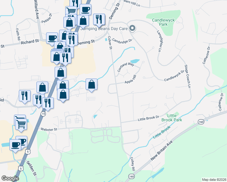 map of restaurants, bars, coffee shops, grocery stores, and more near 41 Cobblestone Court in Newington