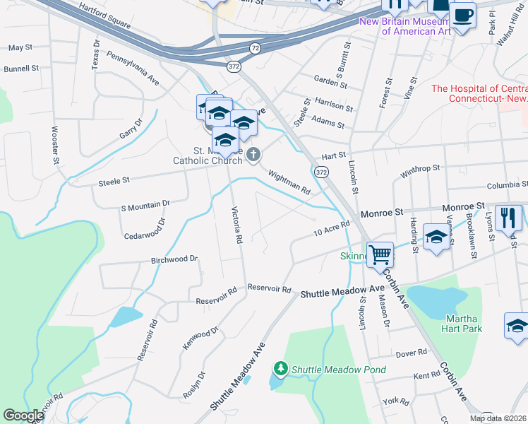 map of restaurants, bars, coffee shops, grocery stores, and more near 156 Laurel Road in New Britain