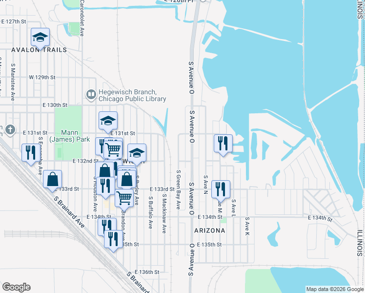 map of restaurants, bars, coffee shops, grocery stores, and more near 13122 South Avenue O in Chicago