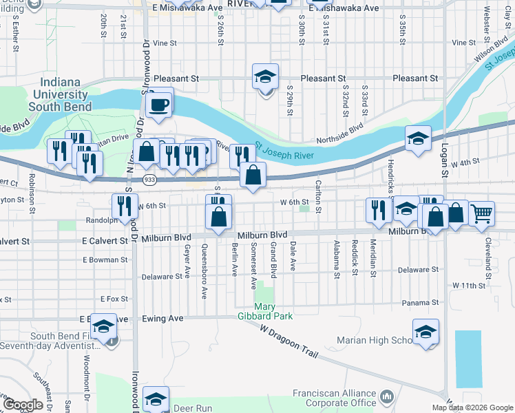 map of restaurants, bars, coffee shops, grocery stores, and more near 502 Somerset Avenue in Mishawaka