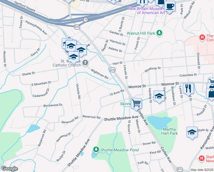 map of restaurants, bars, coffee shops, grocery stores, and more near 23 Laurel Road in New Britain