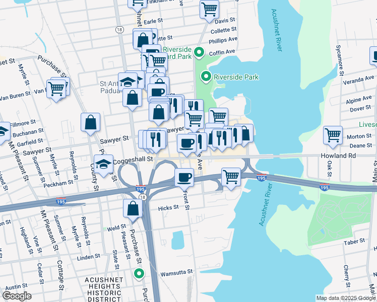 map of restaurants, bars, coffee shops, grocery stores, and more near 11 Granfield Street in New Bedford
