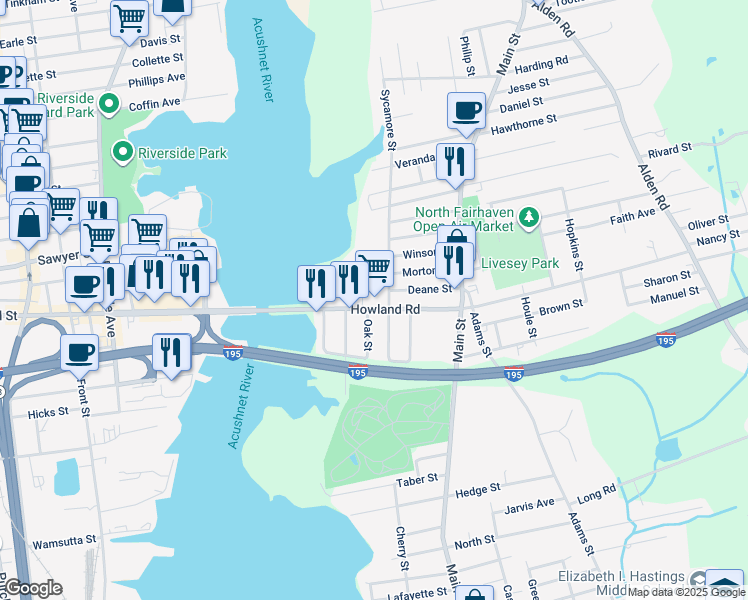 map of restaurants, bars, coffee shops, grocery stores, and more near 32 Howland Road in Fairhaven