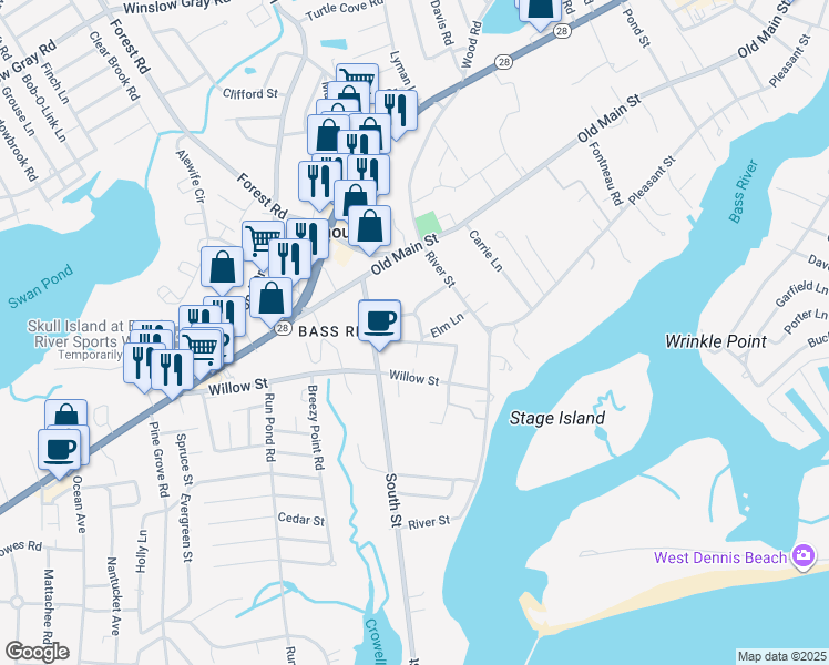 map of restaurants, bars, coffee shops, grocery stores, and more near 9 Cross Street in Yarmouth