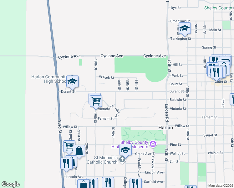 map of restaurants, bars, coffee shops, grocery stores, and more near 1201 16th Street in Harlan