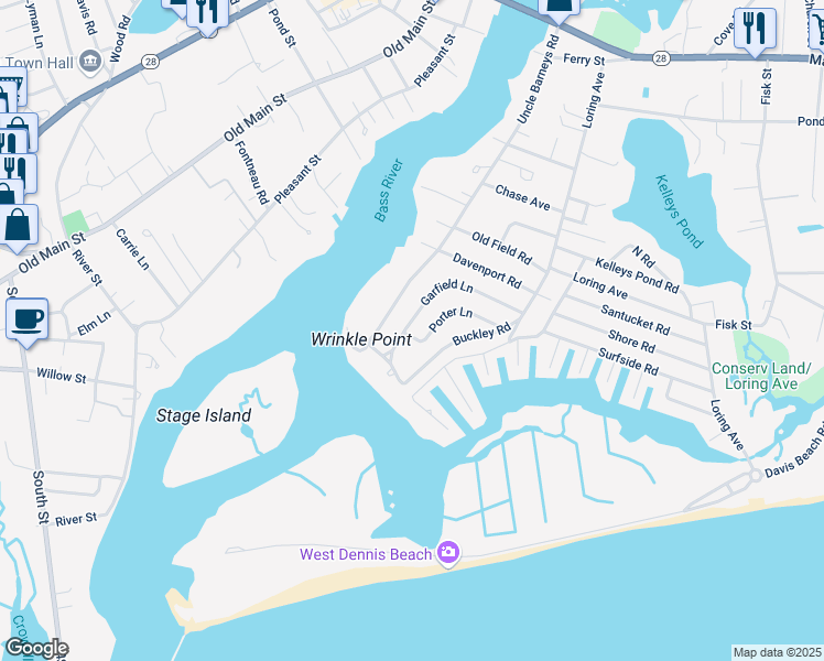 map of restaurants, bars, coffee shops, grocery stores, and more near 71 Garfield Lane in Dennis
