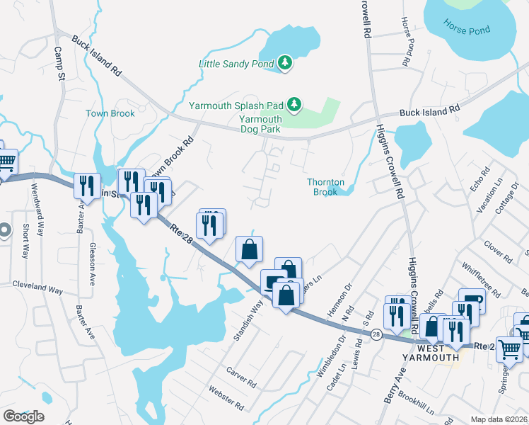 map of restaurants, bars, coffee shops, grocery stores, and more near Unnamed Road in Yarmouth