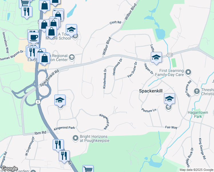 map of restaurants, bars, coffee shops, grocery stores, and more near 32 Kinderhook Drive in Poughkeepsie