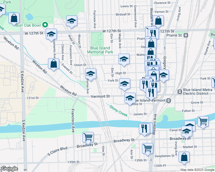 map of restaurants, bars, coffee shops, grocery stores, and more near 2654 New Street in Blue Island