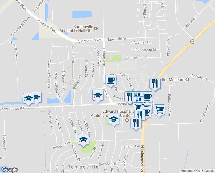 map of restaurants, bars, coffee shops, grocery stores, and more near 135 Ambassador Avenue in Romeoville