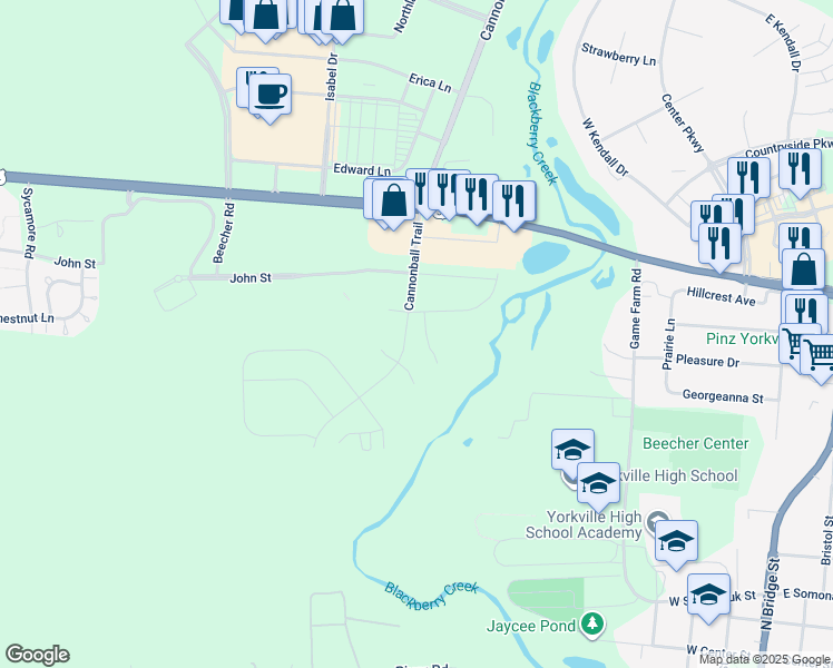 map of restaurants, bars, coffee shops, grocery stores, and more near 1222 Cannonball Trail in Yorkville