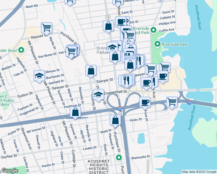 map of restaurants, bars, coffee shops, grocery stores, and more near 13 Jean St in New Bedford