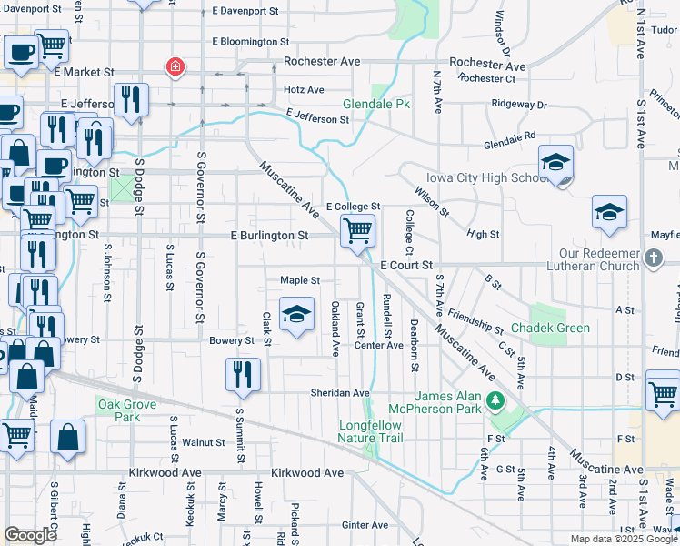 map of restaurants, bars, coffee shops, grocery stores, and more near 404 Oakland Avenue in Iowa City