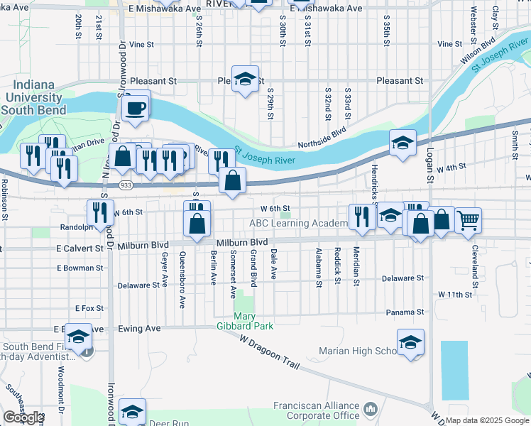 map of restaurants, bars, coffee shops, grocery stores, and more near 2111 West 6th Street in Mishawaka