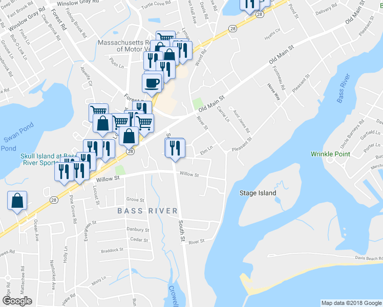map of restaurants, bars, coffee shops, grocery stores, and more near 9 Cross Street in Yarmouth