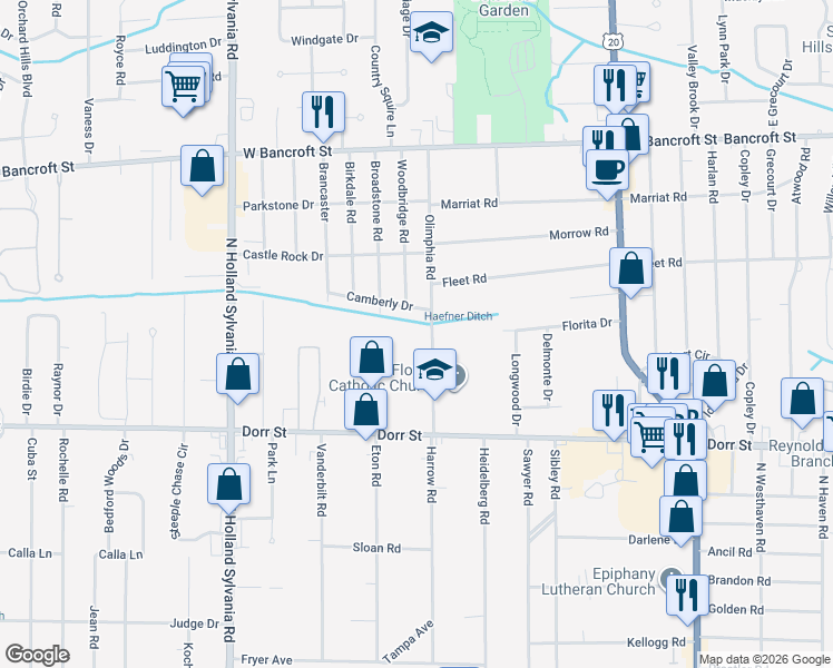 map of restaurants, bars, coffee shops, grocery stores, and more near 1755 Olimphia Road in Toledo