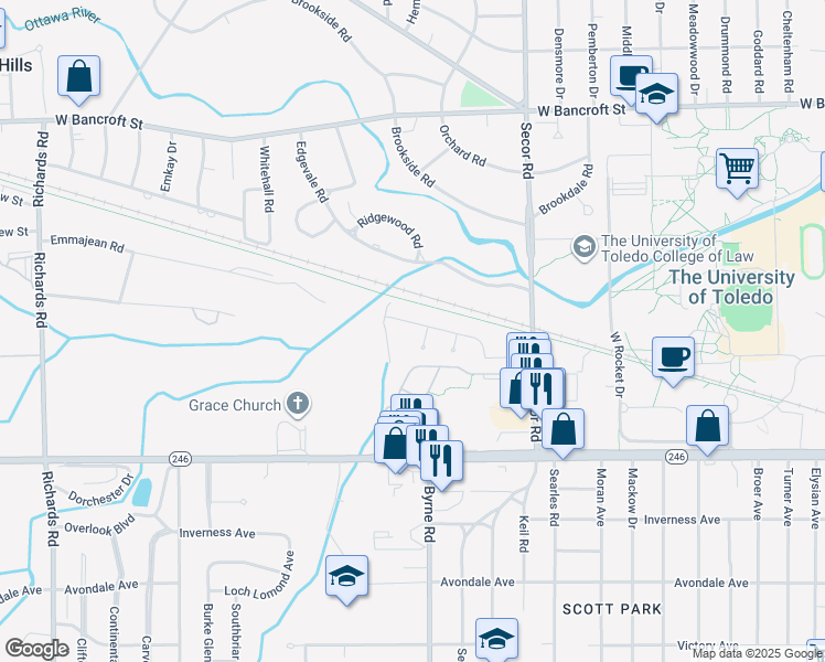 map of restaurants, bars, coffee shops, grocery stores, and more near 3517 Valleston Parkway in Toledo