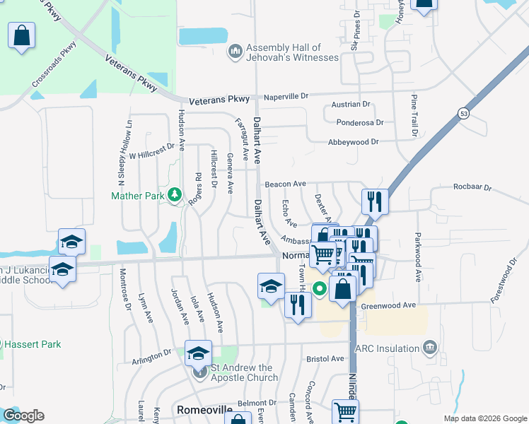 map of restaurants, bars, coffee shops, grocery stores, and more near 135 Ambassador Avenue in Romeoville