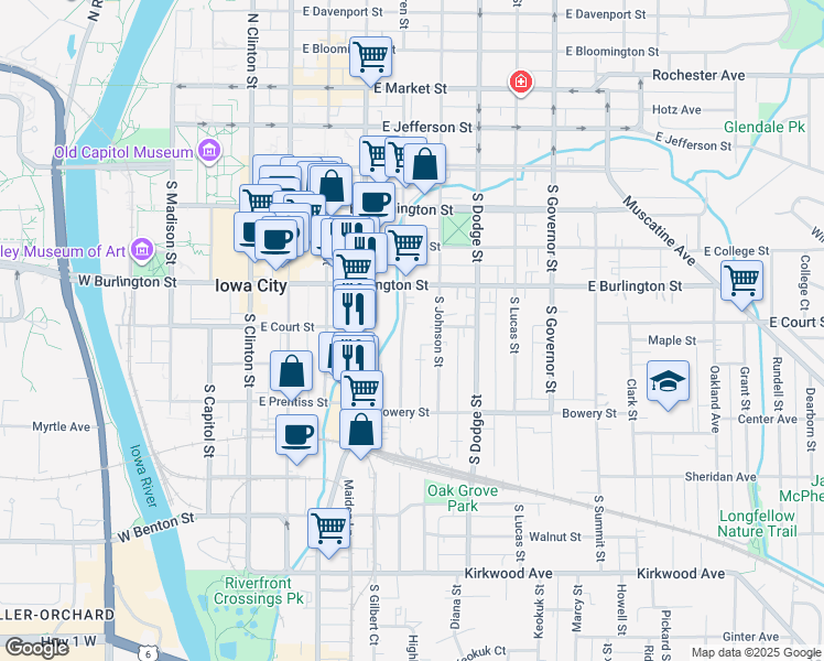 map of restaurants, bars, coffee shops, grocery stores, and more near 404 South Van Buren Street in Iowa City