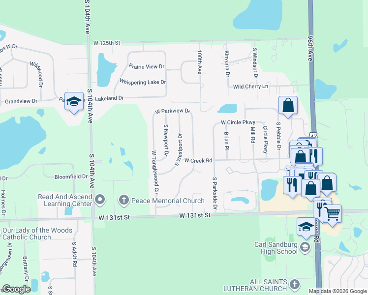 map of restaurants, bars, coffee shops, grocery stores, and more near 12825 South Westport Drive in Palos Park