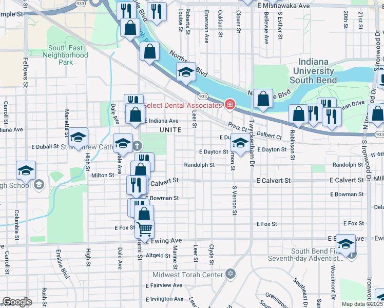 map of restaurants, bars, coffee shops, grocery stores, and more near 1729 Leer Street in South Bend