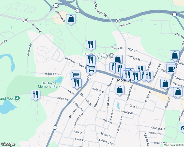 map of restaurants, bars, coffee shops, grocery stores, and more near 7 Forestburgh Road in Monticello