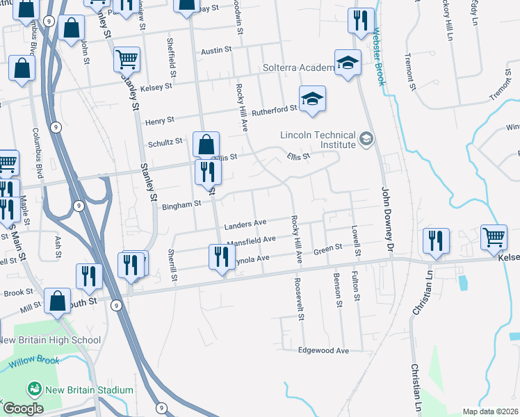 map of restaurants, bars, coffee shops, grocery stores, and more near 172 Landers Avenue in New Britain