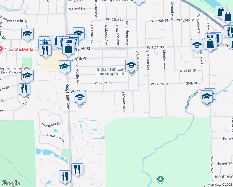 map of restaurants, bars, coffee shops, grocery stores, and more near 6107 West 129th Place in Palos Heights