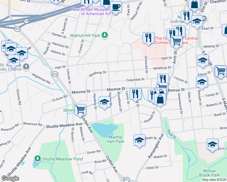 map of restaurants, bars, coffee shops, grocery stores, and more near 292 Monroe Street in New Britain