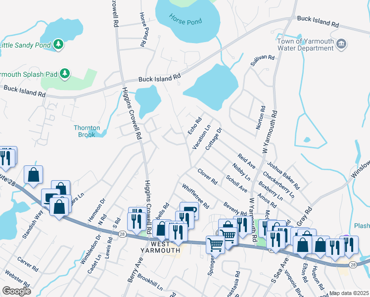 map of restaurants, bars, coffee shops, grocery stores, and more near 25 Partridge Valley Road in Yarmouth