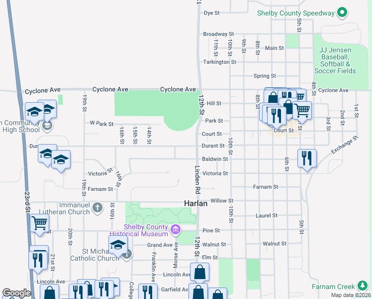 map of restaurants, bars, coffee shops, grocery stores, and more near 1211 Durant St in Harlan