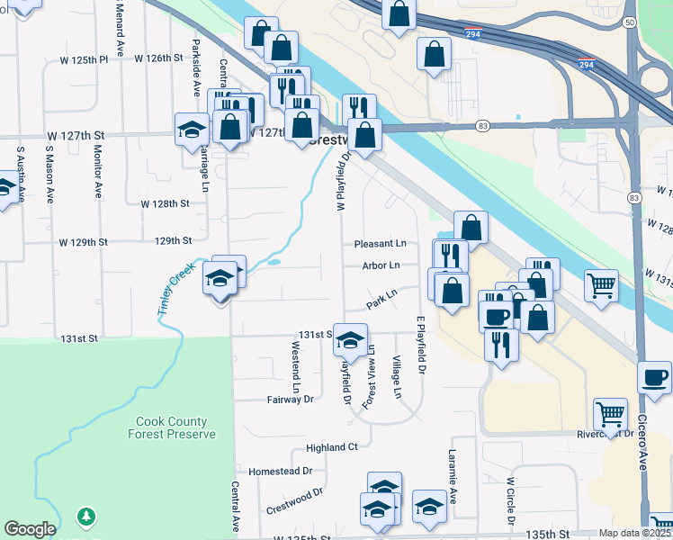 map of restaurants, bars, coffee shops, grocery stores, and more near 12930 West Playfield Drive in Crestwood