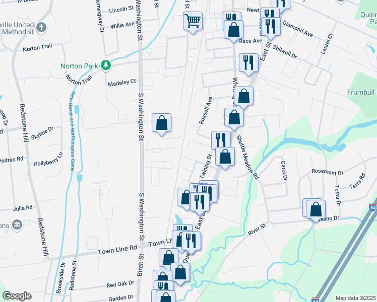 map of restaurants, bars, coffee shops, grocery stores, and more near 58 Bartlett Street in Plainville