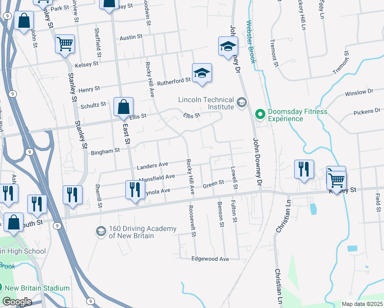 map of restaurants, bars, coffee shops, grocery stores, and more near 258 Rocky Hill Avenue in New Britain